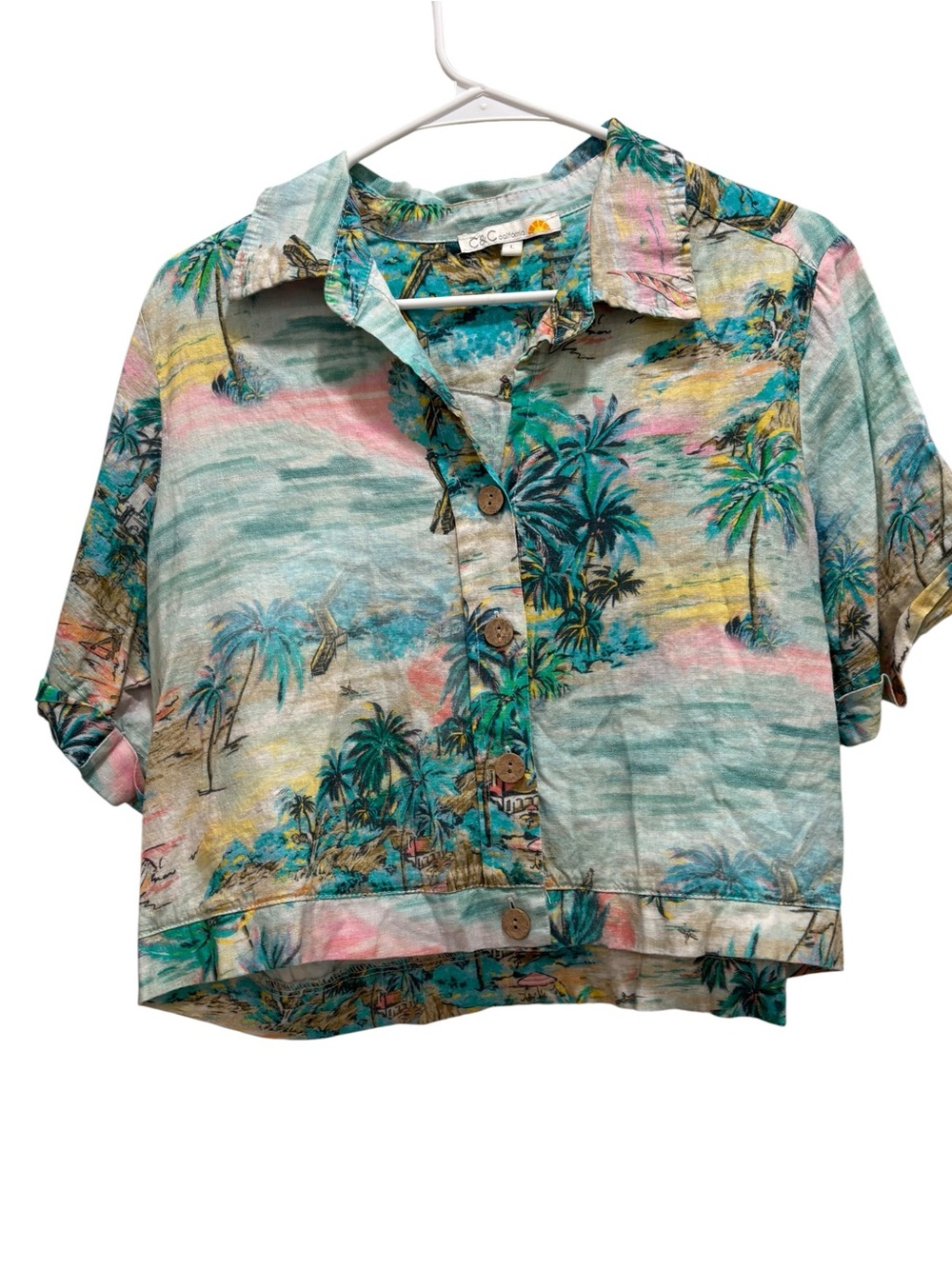 C&C California Teal, Pink & Yellow Tropical Print Camp Shirt
